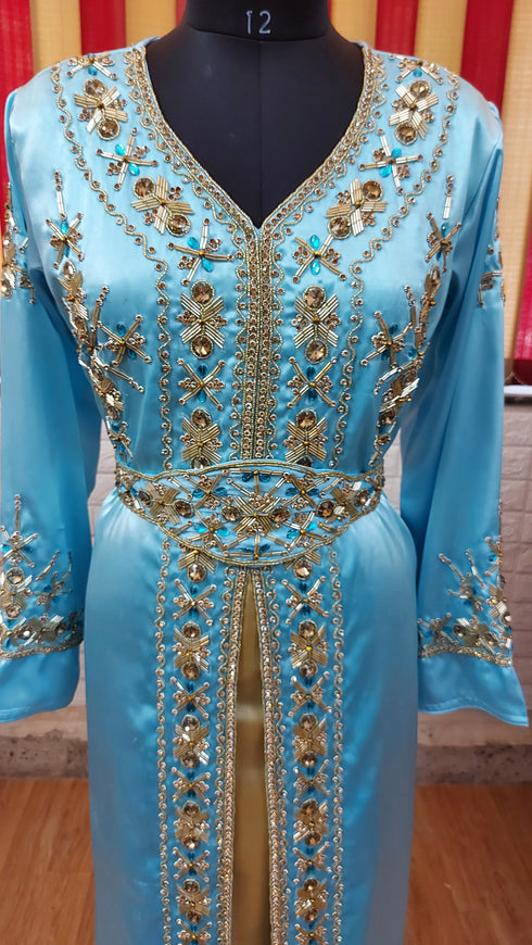Cyan inner light gold color luxurious Full Sleeves Handmade Moroccan Kaftan.