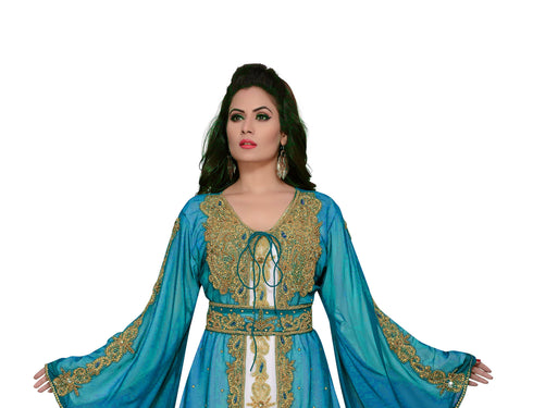 Cyan & white color luxurious Handmade Moroccan Kaftan with hijab
