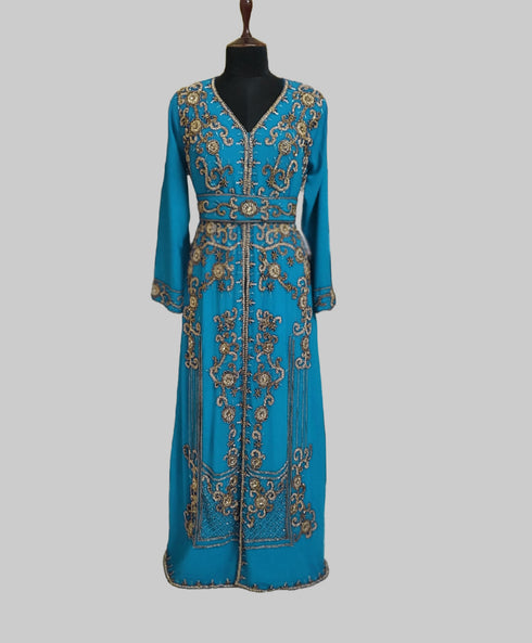 Cyen color luxurious Full Sleeves Handmade Moroccan Kaftan.