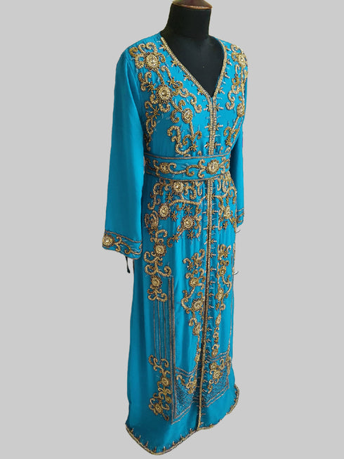 Cyen color luxurious Full Sleeves Handmade Moroccan Kaftan.