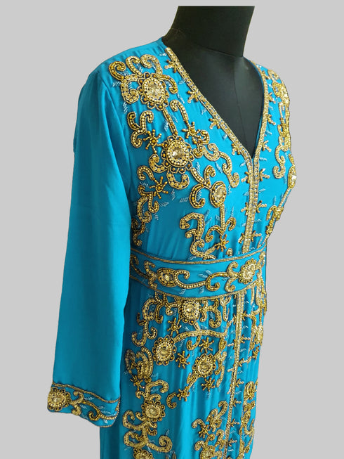Cyen color luxurious Full Sleeves Handmade Moroccan Kaftan.