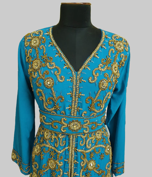 Cyen color luxurious Full Sleeves Handmade Moroccan Kaftan.