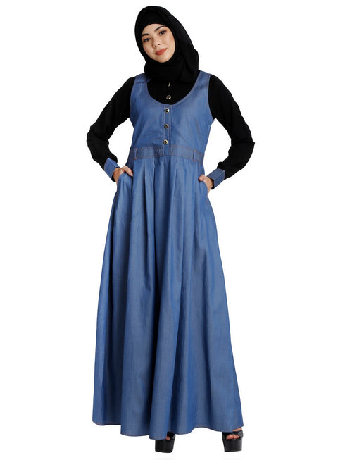Classic Denim maxi dress with shirt collar- Black-Blue