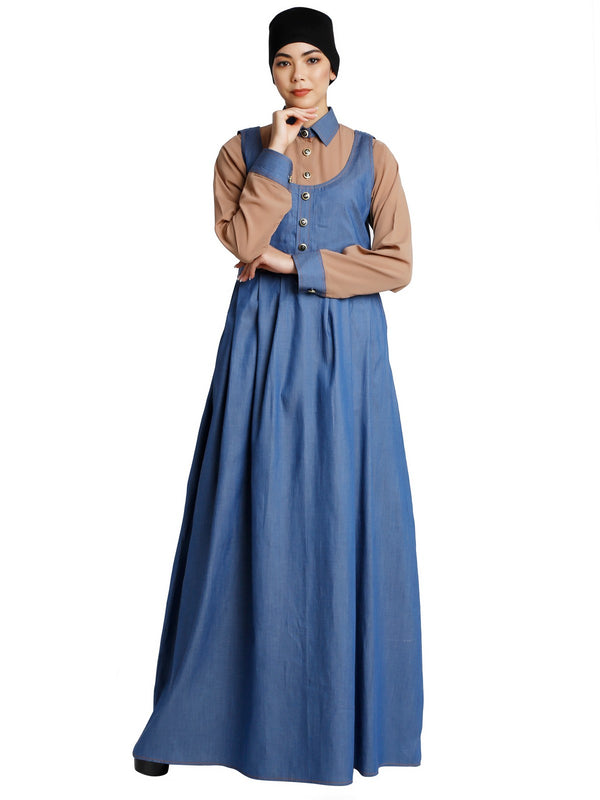 ClaClassic Denim maxi dress with shirt collar- Khaki-Blue