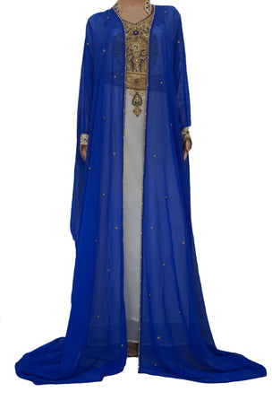 Blue & White Zari Stone Work Georgette Islamic Style Maxi PartyWear Kaftan