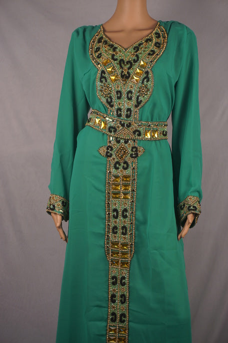 Teal Georgette Embellished Work Kaftan Dress