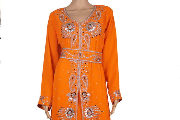 Orange Zari Stone Work Georgette Islamic Style Maxi PartyWear Kaftan