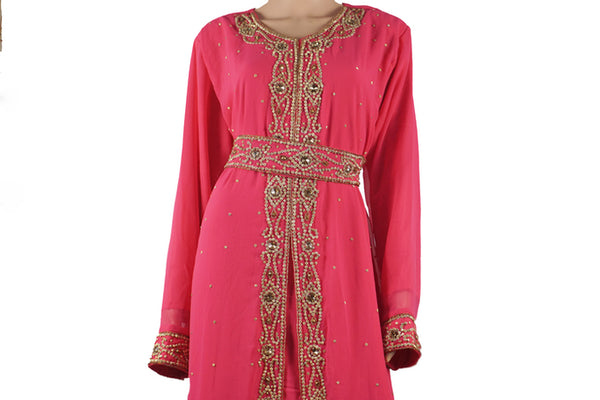 Pink Zari Stone Work Georgette Islamic Style Maxi PartyWear Kaftan