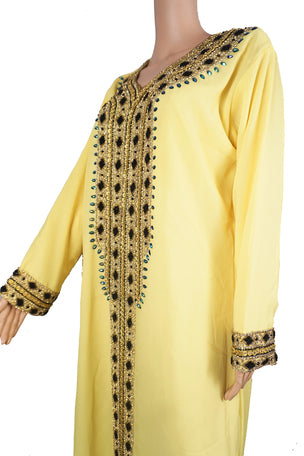 Lemon Yellow Georgette Kaftan Dress with Black and Turquoise Embroidery