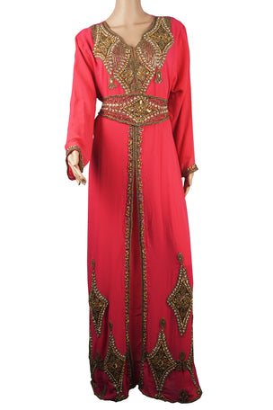 Pink Zari Stone Work Georgette Islamic Style Arabian gown Beads Embedded PartyWear Kaftan