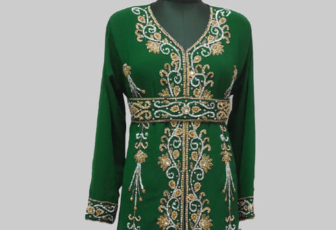 Dark-Green luxurious Full Sleeves Moroccan Kaftan.