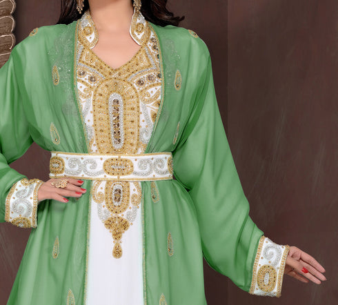 Dark-Green & White color luxurious Full Sleeves Handmade Moroccan Kaftan .