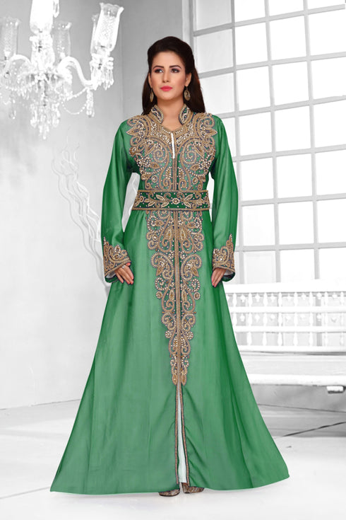 Dark Green & White color luxurious Full Sleeves Handmade Moroccan Kaftan .