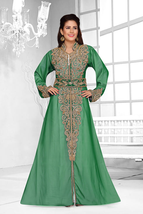 Dark Green & White color luxurious Full Sleeves Handmade Moroccan Kaftan .