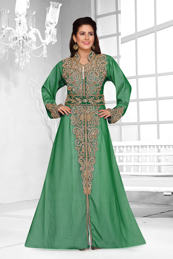 Dark Green & White color luxurious Full Sleeves Handmade Moroccan Kaftan .