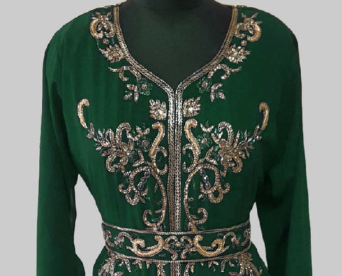 Dark Greencolor luxurious Full Sleeves Handmade Moroccan Kaftan.