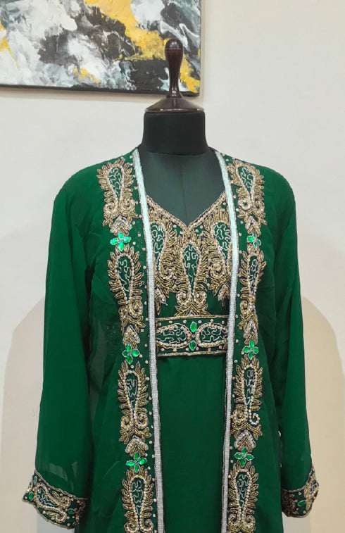 Dark Green color luxurious Full Sleeves Handmade Two Piece Jacket Style Moroccan Kaftan.