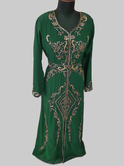 Dark Greencolor luxurious Full Sleeves Handmade Moroccan Kaftan.