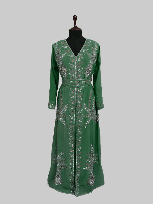 Dark Green color luxurious Full Sleeves Handmade Moroccan Kaftan.
