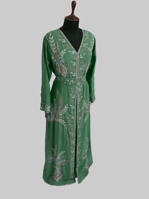 Dark Green color luxurious Full Sleeves Handmade Moroccan Kaftan.