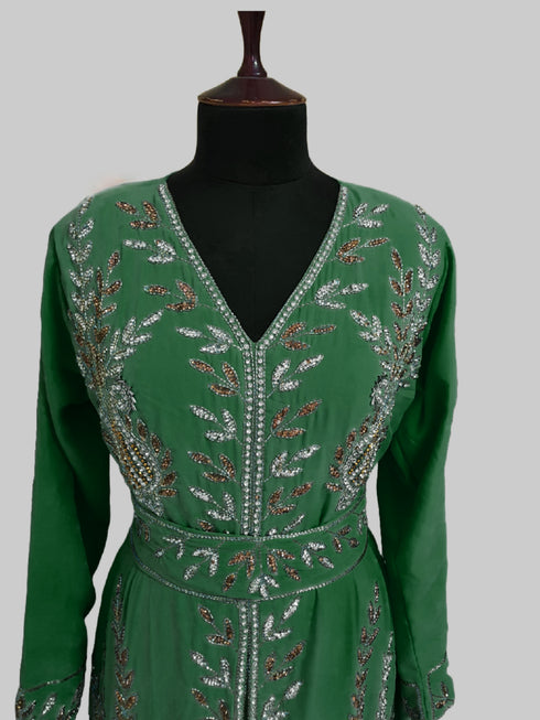 Dark Green color luxurious Full Sleeves Handmade Moroccan Kaftan.