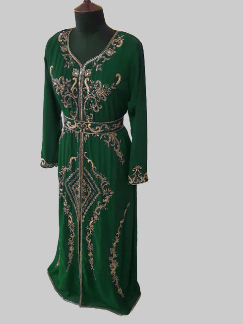 Dark Greencolor luxurious Full Sleeves Handmade Moroccan Kaftan.