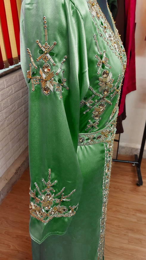 Dark Green inner light gold color luxurious Full Sleeves Handmade Moroccan Kaftan.