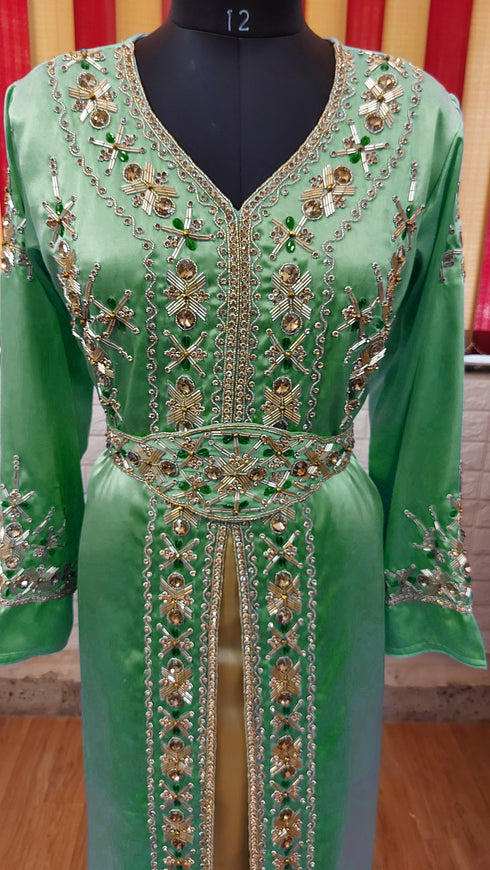 Dark Green inner light gold color luxurious Full Sleeves Handmade Moroccan Kaftan.