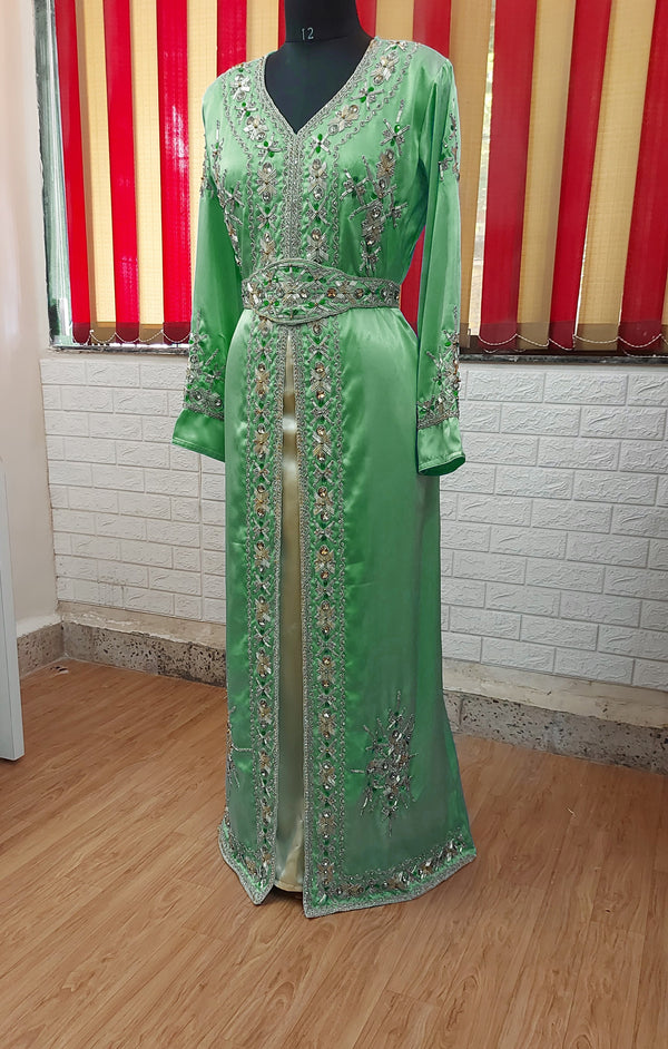Dark Green inner light gold color luxurious Full Sleeves Handmade Moroccan Kaftan.