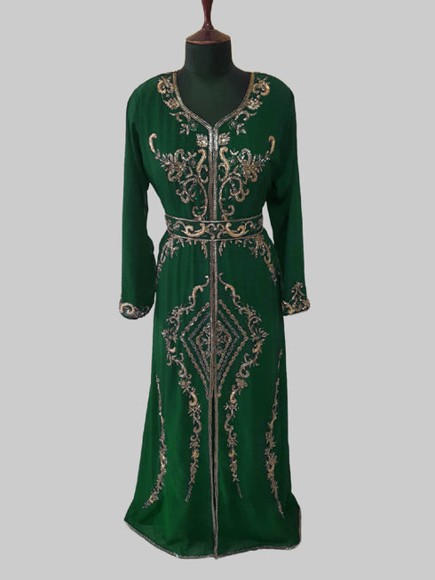 Dark Greencolor luxurious Full Sleeves Handmade Moroccan Kaftan.