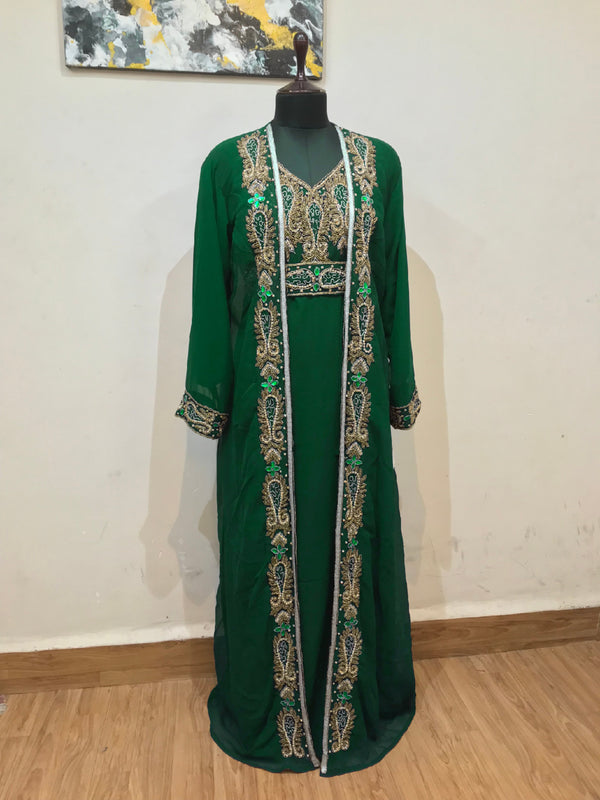 Dark Green color luxurious Full Sleeves Handmade Two Piece Jacket Style Moroccan Kaftan.