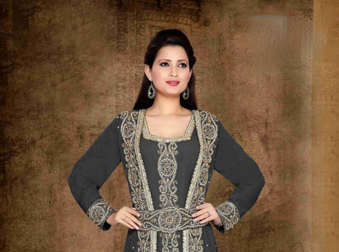 Black color luxurious Full Sleeves Handmade Moroccan Kaftan with sun-proof hiijab.