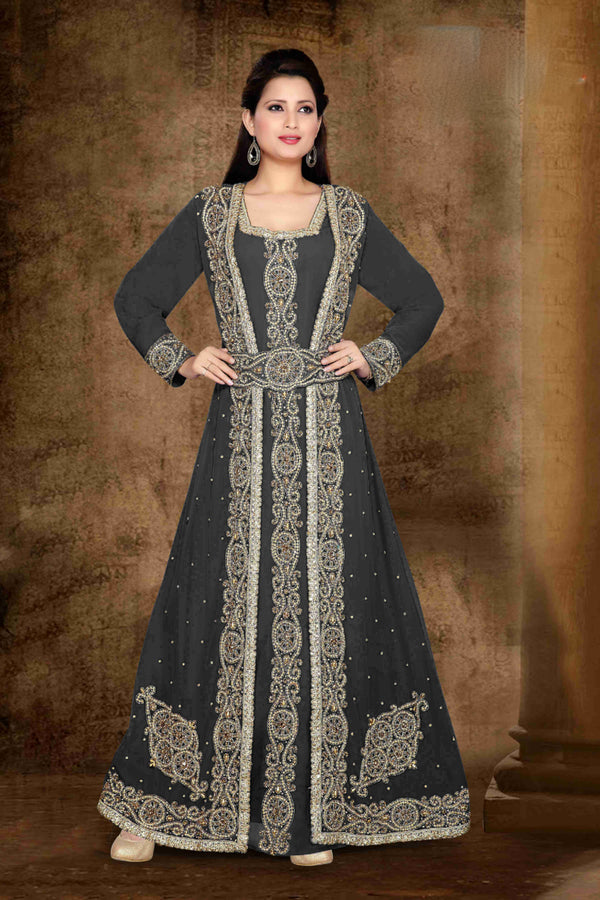 Black color luxurious Full Sleeves Handmade Moroccan Kaftan with sun-proof hiijab.