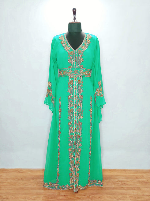 Opulent Emerald Green Kaftan Gown with Gold Zari & Crystal Work | Luxury Event Dress