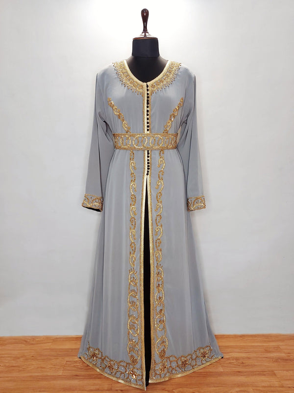 Gray and Black luxurious Moroccan Kaftan With Sun-proof hijab.
