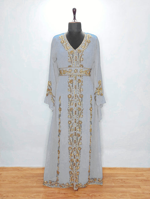 Elegant Light Grey Moroccan Kaftan with Gold & Copper Beadwork | Luxury Event Dress