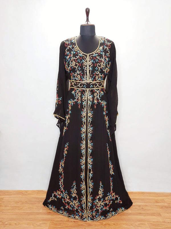 Black embroidered georgette islamic kaftans With Sun-proof hijab.