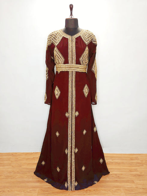 Marron Diamond Design luxurious Moroccan Kaftan With Sun-proof hijab.