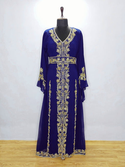 Navy Blue Copper beads luxurious Moroccan Kaftan With Sun-proof hijab.