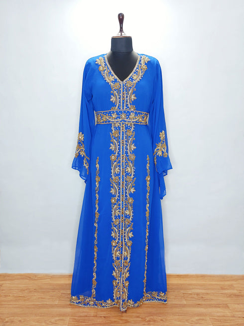 Royal Blue Copper beads luxurious Moroccan Kaftan With Sun-proof hijab.