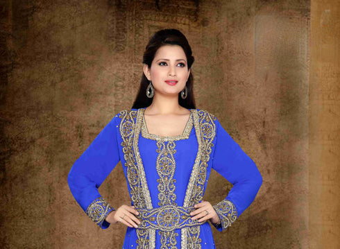 Royal-Blue color luxurious Full Sleeves Handmade Moroccan Kaftan with hijab