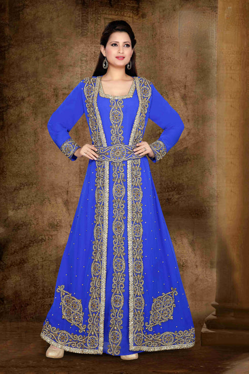 Royal-Blue color luxurious Full Sleeves Handmade Moroccan Kaftan with hijab