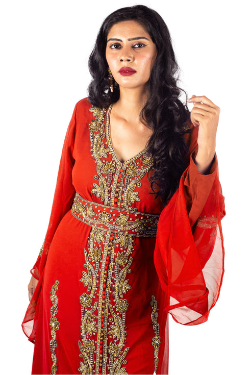 Red Copper beads luxurious Moroccan Kaftan With Sun-proof hijab.