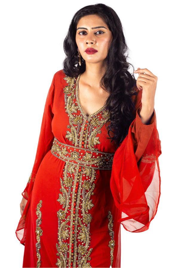 Red Copper beads luxurious Moroccan Kaftan With Sun-proof hijab.