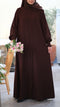 Brown Color Front-Open Abaya with Zipper and Smocking Sleeves Sleek Design in Firdaus Fabric