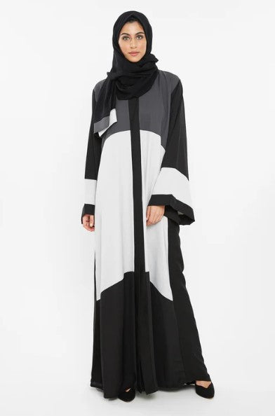 3-Tier Colored Abaya in White, Grey, and Pale Grey with Cross Cut Details