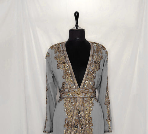 Gray Georgette Stone and Sequin Work Moroccan Kaftan for Women