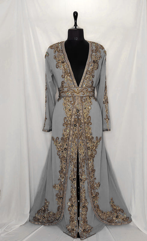 Gray Georgette Stone and Sequin Work Moroccan Kaftan for Women