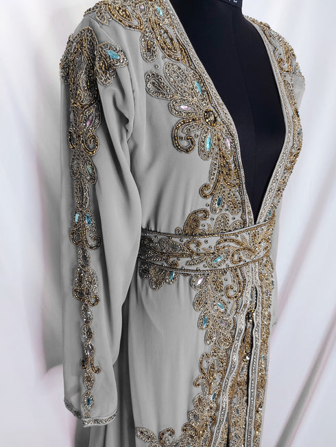 Gray Georgette Stone and Sequin Work Moroccan Kaftan for Women
