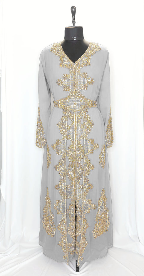 Gray Georgette Stone Zari Kaftan Dress for Party and Weddings